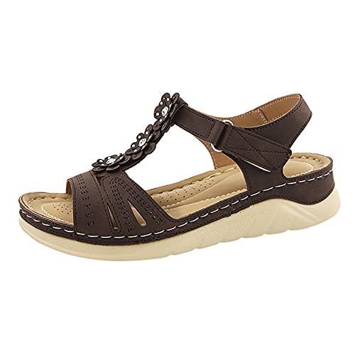 Damen Flache Keilabsatz Sandalen,Atmungsaktiv Weicher Boden Blumen Schuhe Klettschuh für Frauen Wide Fit von KaloryWee