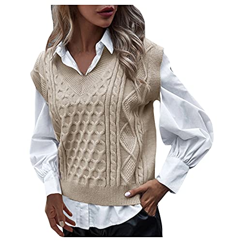 KaloryWee Pullover Damen Ärmelloser Weste Damen V-Ausschnitt Stricken Weste Herbst Ärmelloser Strickpullover Weste, Für Warm ärmellos S-XXL, B05 Khaki, M von KaloryWee