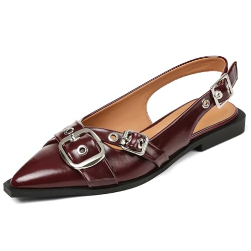 Damen Slingback Flats Geschlossene Spitze Niedriger Absatz Kleid Flache Schuhe Schnalle Pathent Leder Ballerinas für Frauen 2025 Comfrotable Arbeit, Rot/Ausflug, einfarbig (Getaway Solids), 36 EU von Kalstage