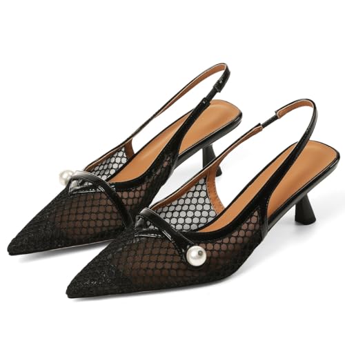 Kalstage Damen Mesh Slingback Kitten Heels Spitze Zehen Pumps Niedriger Absatz Schwarz Spitze Perle Schuhe Knöchel Elastisches Band Stilettos für Hochzeit Büro Party, Schwarz, 38.5 EU Kalstage Damen Mesh Slingback Kitten Heels Spitze Zehen Pumps Niedriger Absatz Schwarz Spitze Perle Schuhe Knöchel Elastisches Band Stilettos für Hochzeit Büro Party, Schwarz, 38.5 EU von Kalstage