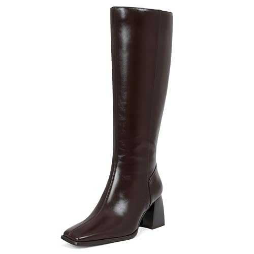 Kalstage Damen kniehohe Stiefel, quadratischer Zehenbereich, breiter Absatz, hoher Stiefel, seitlicher Reißverschluss, modisch, Leder, breite Wade, Botas Para Mujer, Braun, 38.5 EU Kalstage Damen kniehohe Stiefel, quadratischer Zehenbereich, breiter Absatz, hoher Stiefel, seitlicher Reißverschluss, modisch, Leder, breite Wade, Botas Para Mujer, Braun, 38.5 EU von Kalstage