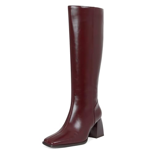 Kalstage Damen kniehohe Stiefel, quadratischer Zehenbereich, breiter Absatz, hoher Stiefel, seitlicher Reißverschluss, modisch, Leder, breite Wade, Botas Para Mujer, Burgunder, 37.5 EU Kalstage Damen kniehohe Stiefel, quadratischer Zehenbereich, breiter Absatz, hoher Stiefel, seitlicher Reißverschluss, modisch, Leder, breite Wade, Botas Para Mujer, Burgunder, 37.5 EU von Kalstage