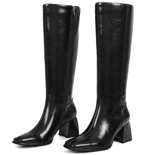 Kalstage Damen kniehohe Stiefel, quadratischer Zehenbereich, breiter Absatz, hoher Stiefel, seitlicher Reißverschluss, modisch, Leder, breite Wade, Botas Para Mujer, Schwarz, 40 EU Kalstage Damen kniehohe Stiefel, quadratischer Zehenbereich, breiter Absatz, hoher Stiefel, seitlicher Reißverschluss, modisch, Leder, breite Wade, Botas Para Mujer, Schwarz, 40 EU von Kalstage