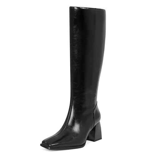 Kalstage Damen kniehohe Stiefel, quadratischer Zehenbereich, breiter Absatz, hoher Stiefel, seitlicher Reißverschluss, modisch, Leder, breite Wade, Botas Para Mujer, Schwarz, 42 EU Kalstage Damen kniehohe Stiefel, quadratischer Zehenbereich, breiter Absatz, hoher Stiefel, seitlicher Reißverschluss, modisch, Leder, breite Wade, Botas Para Mujer, Schwarz, 42 EU von Kalstage