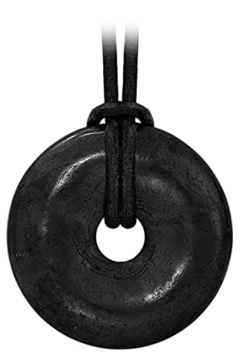 Kaltner Präsente Edelstein Halskette mit Anhänger/Schungit Schwarz/Lederband mit Donut Anhänger/Hochwertiger Edelsteinanhänger mit Lederkette/Ø Edelsteindonut 40 mm von Kaltner Präsente