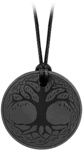 Kaltner Präsente Geschenkidee - Halskette für Damen und Herren mit Scheiben Anhänger aus dem Edelstein Schungit (Ø 30 mm) mit Gravur Baum des Lebens von Kaltner Präsente