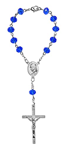 Kaltner Präsente Geschenkidee - Kurzer Auto Rosenkranz für Damen und Herren mit Kreuz Anhänger Marienbild und Glas Perlen Farbe Blau (Länge 17 cm) von Kaltner Präsente