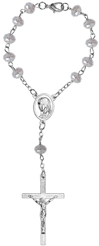 Kaltner Präsente Geschenkidee - Kurzer Auto Rosenkranz für Damen und Herren mit Kreuz Anhänger Marienbild und Glas Perlen Farbe Kristall transparent (Länge 17 cm) von Kaltner Präsente