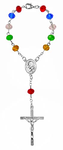 Kaltner Präsente Geschenkidee - Kurzer Auto Rosenkranz für Damen und Herren mit Kreuz Anhänger Marienbild und Glas Perlen Farbe Bunt mehrfarbig (Länge 17 cm) von Kaltner Präsente