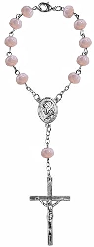 Kaltner Präsente Geschenkidee - Kurzer Auto Rosenkranz für Damen und Herren mit Kreuz Anhänger Marienbild und Glas Perlen Farbe Pink (Länge 17 cm) von Kaltner Präsente