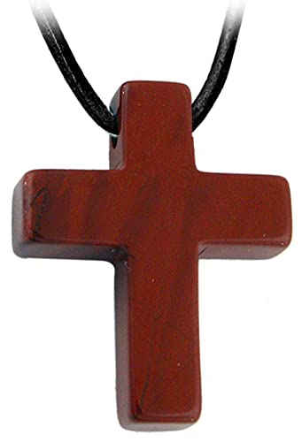 Kaltner Präsente Geschenkidee - Lederkette für Damen und Herren mit Kreuz Anhänger aus dem Edelstein Jaspis Rot (25 x 20 mm) von Kaltner Präsente