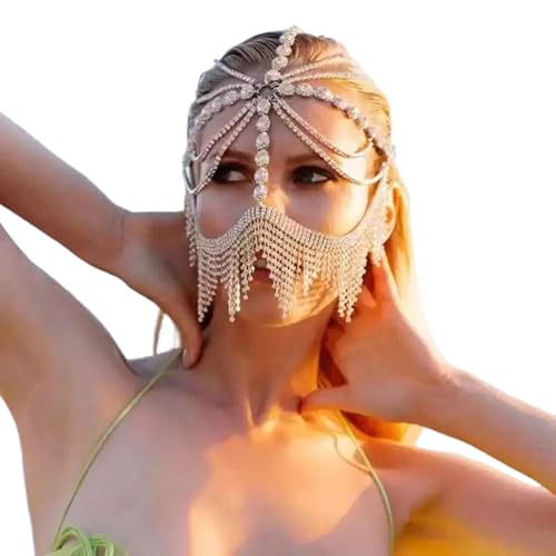 Kalttoy Schimmernde Strasssteine, Kettenschleier, Kopfschmuck, funkelndes Gesicht, Party, Kostümzubehör für Damen und Mädchen, Schleier mit Kette Kalttoy Schimmernde Strasssteine, Kettenschleier, Kopfschmuck, funkelndes Gesicht, Party, Kostümzubehör für Damen und Mädchen, Schleier mit Kette von Kalttoy