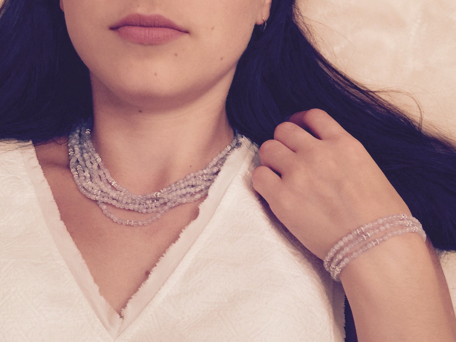 Blaue Spitze Achat, Zirkonia Lavendel Und Silber Akzente Multi Strang Perlen Armband von KalynaJewels