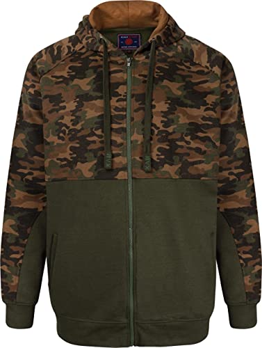 Kam Herren-Kapuzenpullover mit Reißverschluss in Khaki und Camouflage-Farbblock – Übergröße, khaki, XXXL von Kam