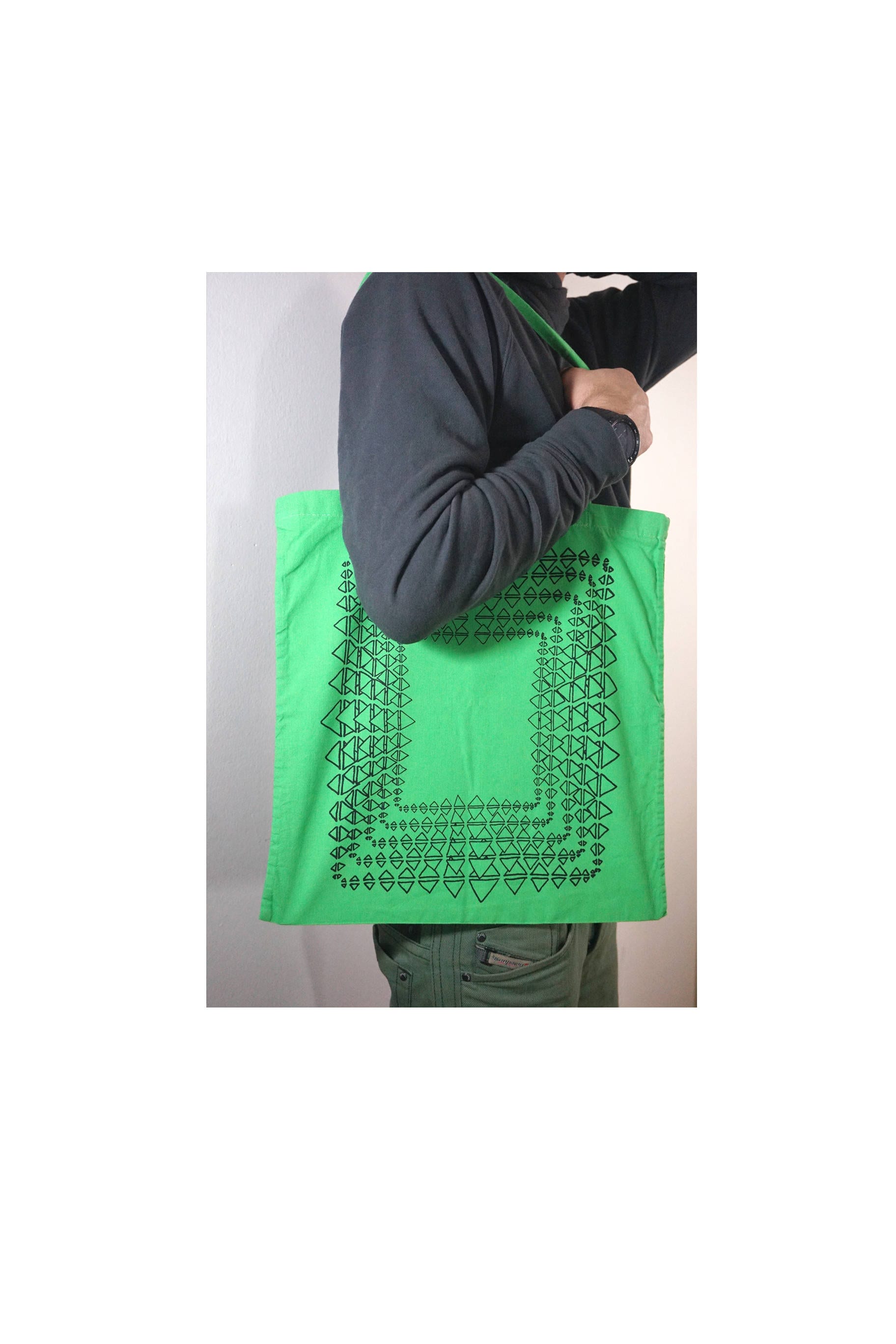 Jutebeutel Bedruckt, Dreiecke Rechtecke, Handgezeichnet, Siebdruck, Grün, Geometrie, Lehrer Geschenk, Schultertasche, Jutetasche, Yogatasche von KamaCrafts