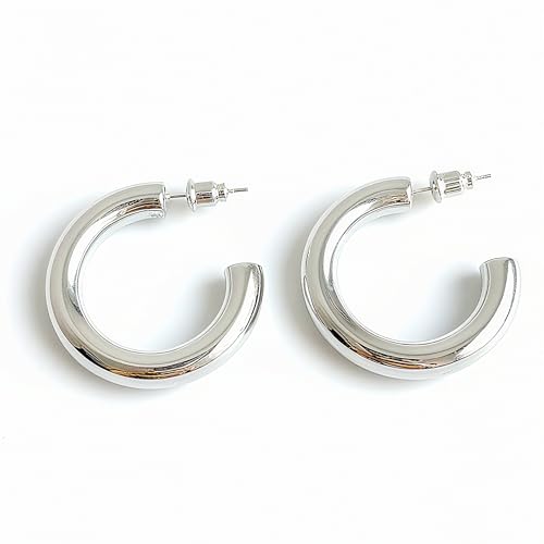 Kamakula Dicke Creolen Ohrringe für Frauen Echtgold vergoldet Reifen mit 925 Sterling Silber Post Hypoallergen (Creolen silber 30 mm) von Kamakula