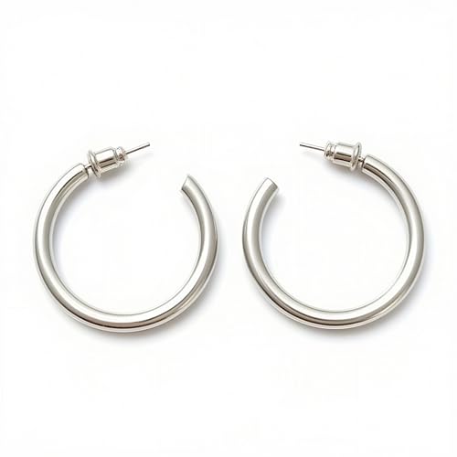 Kamakula Mittelgroß Creolen Ohrringe für Frauen Echtgold vergoldet Reifen mit 925 Sterling Silber Post Hypoallergen (dünne Creolen silber 30 mm) von Kamakula