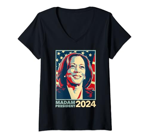 Damen Kamala Harris Madam President 2024 Kampagne USA Wahl T-Shirt mit V-Ausschnitt von Kamala Harris President 2024 Campaign Shirts