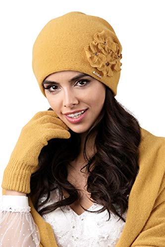 Kamea Damen Winterset Andora, Winter Mütze mit passendem XL Schal, hergestellt in EU, Geschenk für Frauen, Winter Set:Honiggelb von Kamea