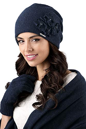 Kamea Damen Winterset Andora, Winter Mütze mit passendem XL Schal, hergestellt in EU, Geschenk für Frauen, Winter Set:Dunkelblau von Kamea