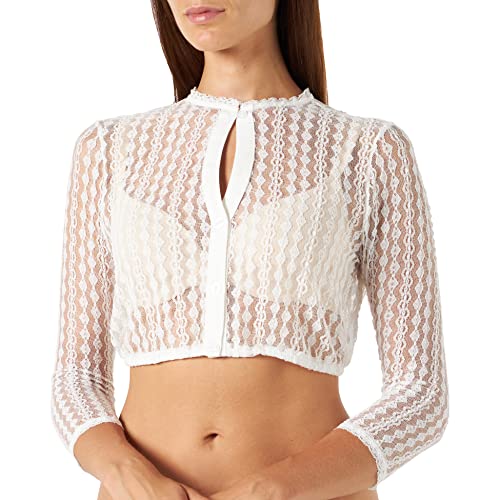 Kamellia Damen Dirndlbluse aus Spitze Langarm Dirndl Bluse Hochgeschlossen Durchsichtig,Weiß,44 von Kamellia