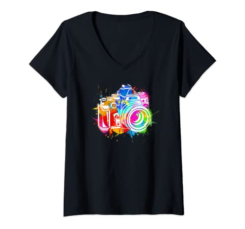 Damen Fotograf bunte Kamera Fotografieren T-Shirt mit V-Ausschnitt Damen Fotograf bunte Kamera Fotografieren T-Shirt mit V-Ausschnitt von Kamera mit Farben Geschenk