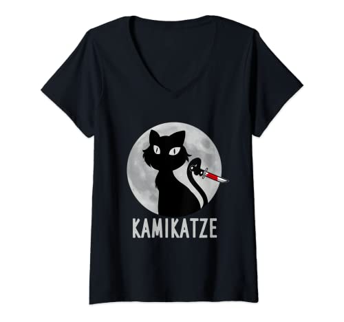 Damen Katze mit Messer Mond Kater Kamikatze T-Shirt mit V-Ausschnitt Damen Katze mit Messer Mond Kater Kamikatze T-Shirt mit V-Ausschnitt von Kamikatze Kater Katzen Geschenk