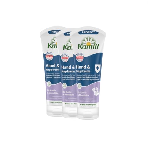 3er Pack Kamill Hand- & Nagelcreme PROTECT (3 x100ml) - beruhigt, spendet Feuchtigkeit & schützt langanhaltend mit Mandelblüten & Panthenol, ohne Parabene, Mikroplastik & tierische Inhaltsstoffen von Kamill