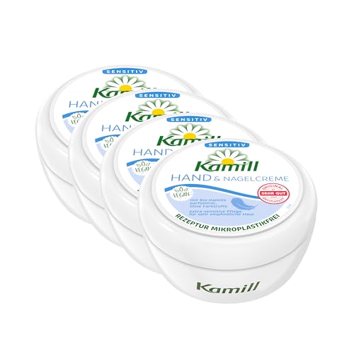 4er Set Kamill Hand- und Nagelcreme Sensitiv (4x250ml) - parfümfrei und besonders hautverträgliche Handplfege mit Bio-Kamille aus kontrolliert biologischem Anbau, für Allergiker geeignet von Kamill