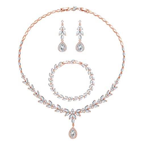 Kamise Braut Schmuck Set Silber Damen, Rose Gold Hochzeit Schmuckset, Damen Halskette & Ohrringe & Armband Set, Blumen Schmuck Set mit Weiß Zirkonia, Allergenfrei Hochzeitsschmuck für Brautjungfern Kamise Braut Schmuck Set Silber Damen, Rose Gold Hochzeit Schmuckset, Damen Halskette & Ohrringe & Armband Set, Blumen Schmuck Set mit Weiß Zirkonia, Allergenfrei Hochzeitsschmuck für Brautjungfern von Kamise