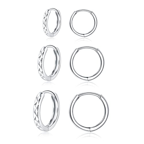 Kamise Creolen Silber 925 Ohrringe für Damen, 3 Paare 925 Sterling Silber Creolen Ohrringe Set, Unisex Klein Schlafen Kreolen, Silber Creolen Ohrringe für Damen Mädchen, Durchmesser in 10, 12, 14mm von Kamise