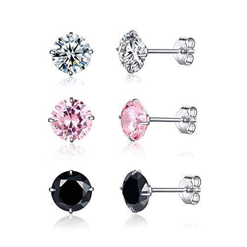 Kamise Damen Silber Ohrstecker, 3 Paare 925 Sterling Silber Zirkonia Ohrstecker Ohrringe Set, 5mm Hypoallergen Unisex Klein Schlafen Knorpel Ohrstecker mit 5A Zirkonia, 3 Farben in Weiß, Schwarz, Rosa von Kamise