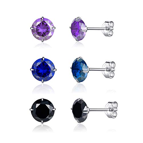 Kamise Damen Silber Ohrstecker, 3 Paare 925 Sterling Silber Zirkonia Ohrstecker Ohrringe Set, 5mm Hypoallergen Unisex Klein Schlafen Ohrstecker mit 5A Zirkonia, 3 Farben in Schwarz, Lila, Saphir von Kamise