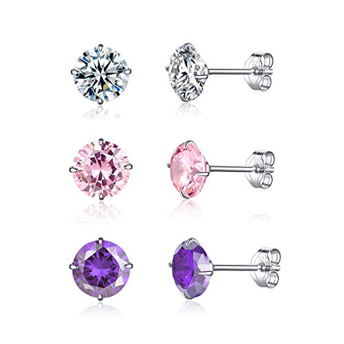 Kamise Damen Silber Ohrstecker, 3 Paare 925 Sterling Silber Zirkonia Ohrstecker Ohrringe Set, 5mm Hypoallergen Unisex Klein Schlafen Ohrstecker mit 5A Zirkonia, 3 Farben in Weiß, Rosa, Lila von Kamise