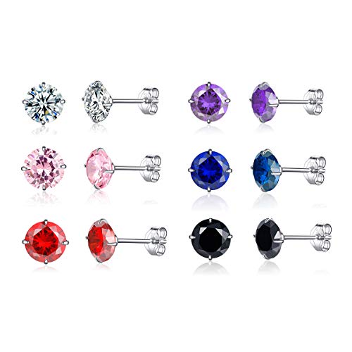 Kamise Damen Silber Ohrstecker, 6 Paare 925 Sterling Silber Zirkonia Ohrstecker Ohrringe Set, 3mm Unisex Klein Schlafen Knorpel Ohrstecker Ohrringe, 6 Farben in Weiß, Schwarz, Rosa, Lila, Rot, Saphir von Kamise