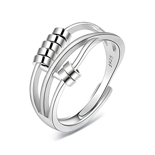 Kamise Silber Anxiety Ring, 925 Sterling Silber Angst Ringe für Damen, Offen Einstellbar Unisex Angst Spinning Ringe, Verstellbar Fidget Spinner Ring Anti Stress Ringe Stimmungsring Dekompressionsring von Kamise