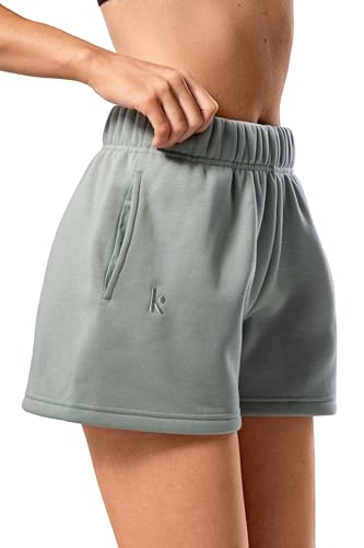 Kamo Fitness CozyTec Sweat-Shorts für Damen, hohe Taille, bequem, lässig, Baumwolle, Shorts mit Taschen, Beige, Mittel von Kamo Fitness