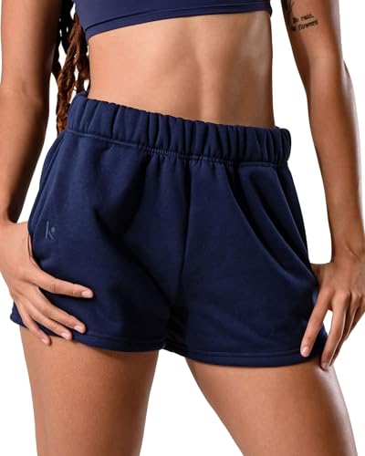 Kamo Fitness CozyTec Sweatshorts für Damen, hohe Taille, bequem, lässig, Baumwoll-Shorts mit Taschen, Dunkle Iris, Groß von Kamo Fitness