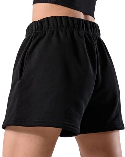 Kamo Fitness CozyTec Sweatshorts für Damen, hohe Taille, bequem, lässig, Baumwoll-Shorts mit Taschen, Schwarz, Klein von Kamo Fitness