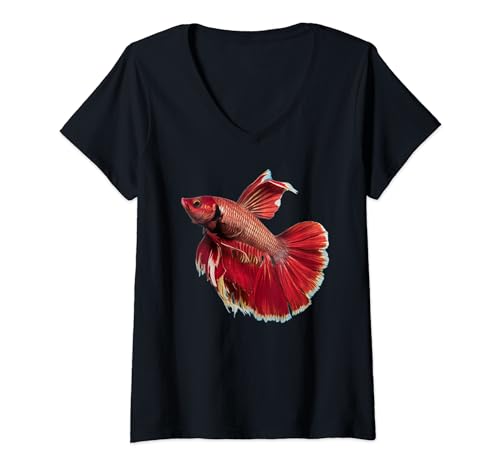 Damen Roter Betta splendens Kampffisch Männchen halfmoon T-Shirt mit V-Ausschnitt Damen Roter Betta splendens Kampffisch Männchen halfmoon T-Shirt mit V-Ausschnitt von Kampffische Betta splendens aquaristik Geschenkide