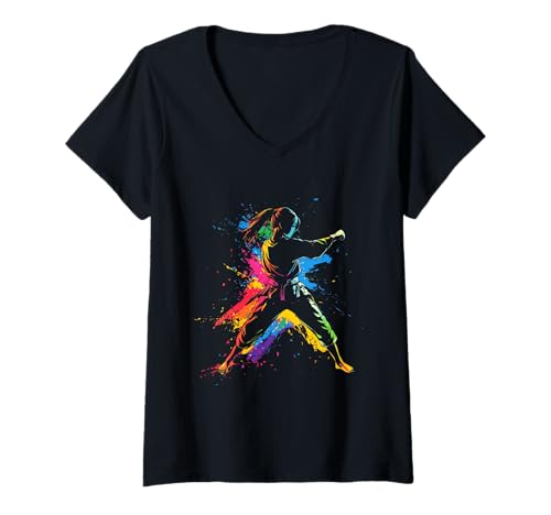 Damen Karate Highkick Japan Splash Art Karateka Kampfsport Frau T-Shirt mit V-Ausschnitt Damen Karate Highkick Japan Splash Art Karateka Kampfsport Frau T-Shirt mit V-Ausschnitt von Kampfsportler Karate Kicking Judo Kickboxen Design