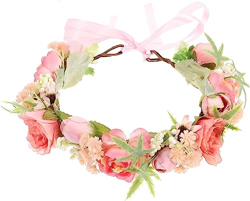 Brautgirlande Blumenkranz Krone, Kranz Stirnband Blumenhaarschmuck Blumenkrone Stirnband Mädchen Blumenkranz Kopfschmuck (Farbe: Champagner, Größe: 29,5 x 22 x 5 cm) (Color : Roze, Size : 29.5X22X5C von KanDuo