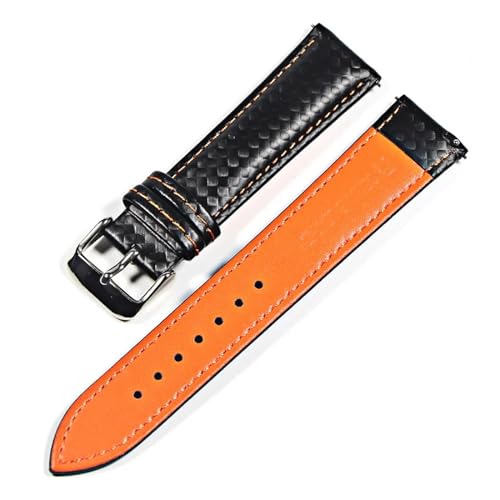 KanaAt LKQASD Armband aus echtem Leder, Karbonfaser-Maserung, Uhrenarmband, 18 mm, 20 mm, rote Nähte, orangefarbene Nähte, 22 mm, Schnellverschluss-Uhrenarmband (Color : Orange line-S, Size : 18mm) von KanaAt