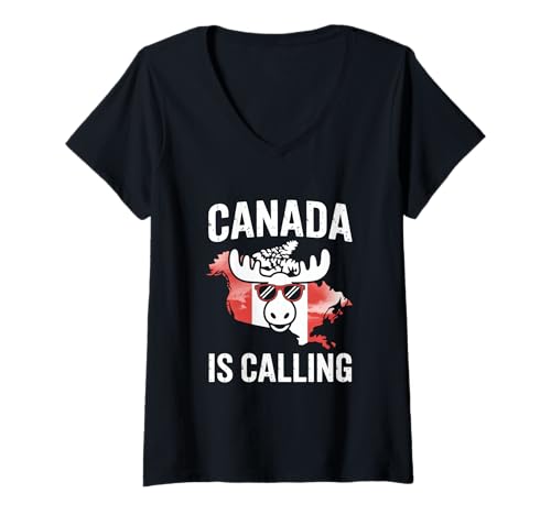Damen Canada is Calling Kanada Elch Ahornblatt Flagge T-Shirt mit V-Ausschnitt Damen Canada is Calling Kanada Elch Ahornblatt Flagge T-Shirt mit V-Ausschnitt von Kanada Elch Ahornblatt Flagge Outdoor Reise