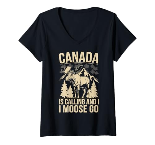 Damen Canada Is Calling And I Moose Go T-Shirt mit V-Ausschnitt Damen Canada Is Calling And I Moose Go T-Shirt mit V-Ausschnitt von Kanada Elch Tierwelt Natur Wandern