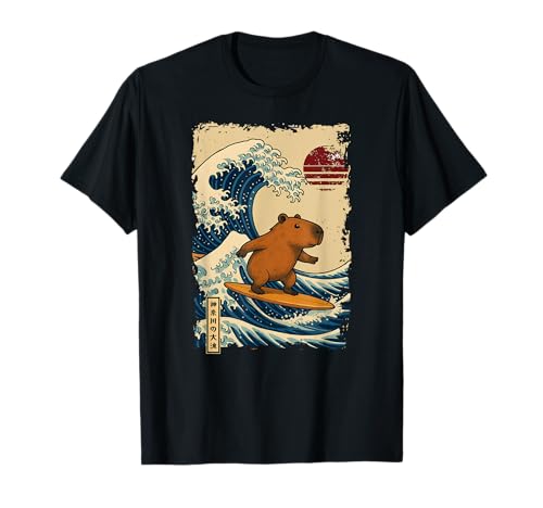 Capybara Surfen Japanische Kanagawa Wave Japan Jungen Mädchen T-Shirt Capybara Surfen Japanische Kanagawa Wave Japan Jungen Mädchen T-Shirt von KanagawaAxis1