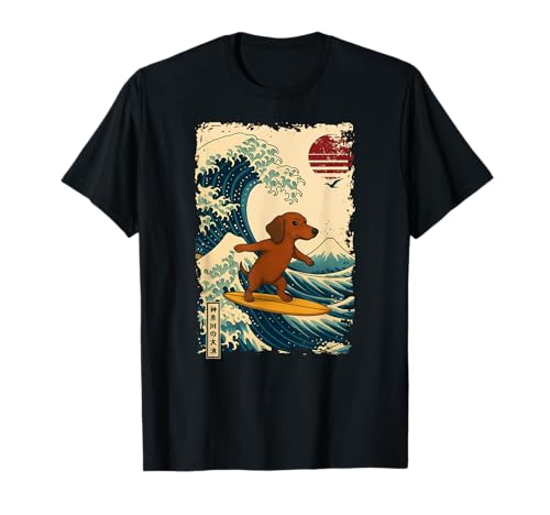 Dackel Weiner Japanische Kanagawa Wave Surfen Mama Papa T-Shirt Dackel Weiner Japanische Kanagawa Wave Surfen Mama Papa T-Shirt von KanagawaAxis1
