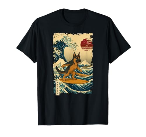 Deutscher Schäferhund Surfen Japanische Kanagawa Wave Japan Mama Papa T-Shirt von KanagawaAxis1