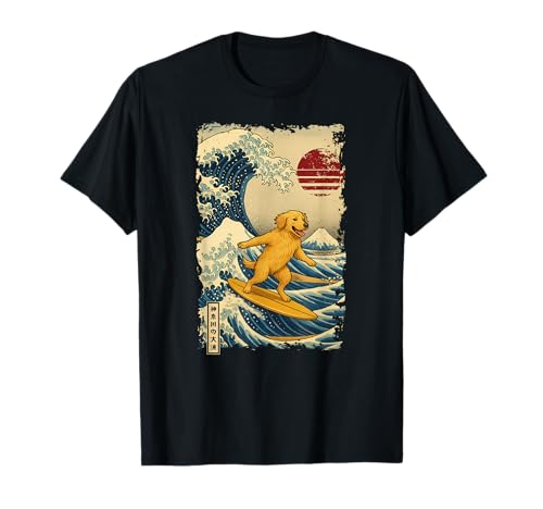 Golden Retriever Japanische Kanagawa Wave Surfen Mama Papa T-Shirt von KanagawaAxis1