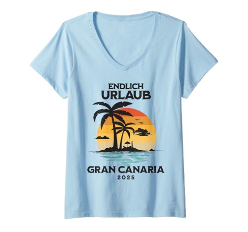 Damen Endlich Urlaub Gran Canaria 2025 Urlaub Palmen Kanaren T-Shirt mit V-Ausschnitt Damen Endlich Urlaub Gran Canaria 2025 Urlaub Palmen Kanaren T-Shirt mit V-Ausschnitt von Kanarische Inseln Bekleidung & Geschenkideen